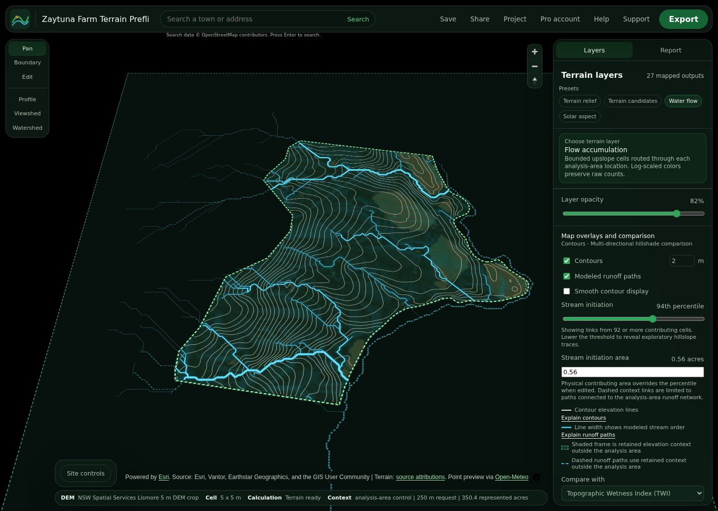 TopoDesigner showing modeled runoff paths for the prepared Zaytuna Farm public elevation example